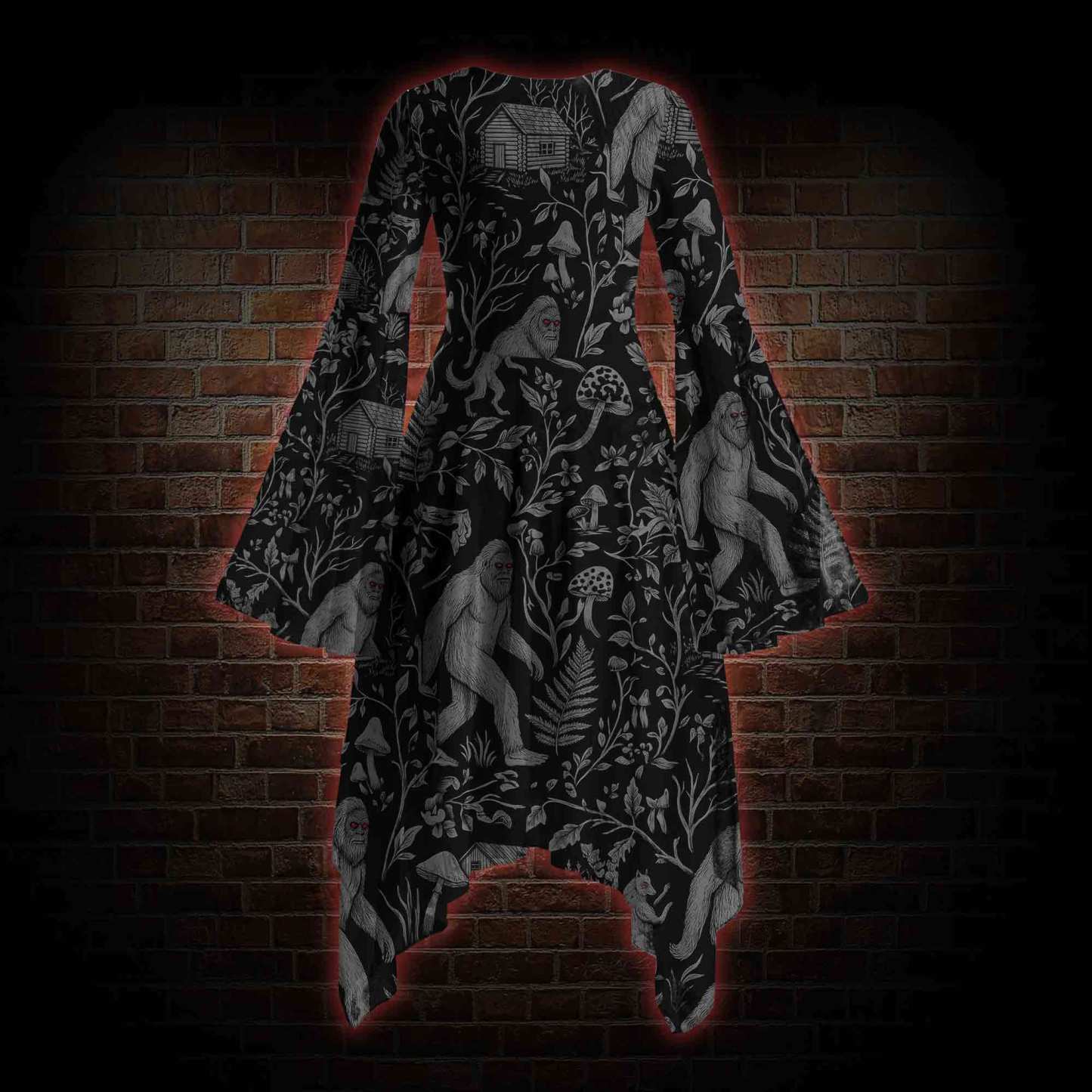 Cryptid Forest Bell-sleeve Handkerchief-hem Dress