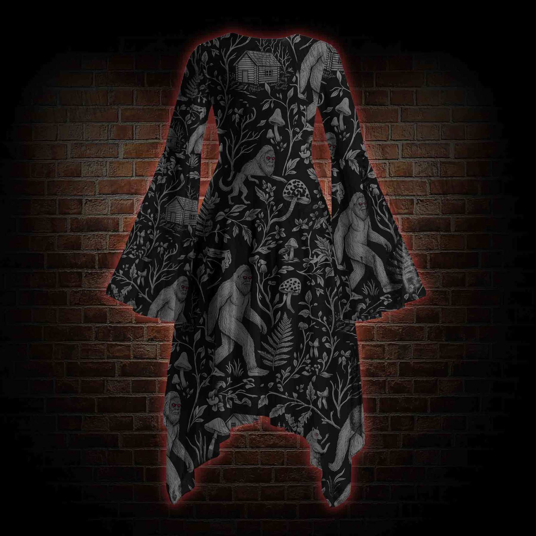 Cryptid Forest Bell-sleeve Handkerchief-hem Dress