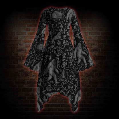 Cryptid Forest Bell-sleeve Handkerchief-hem Dress