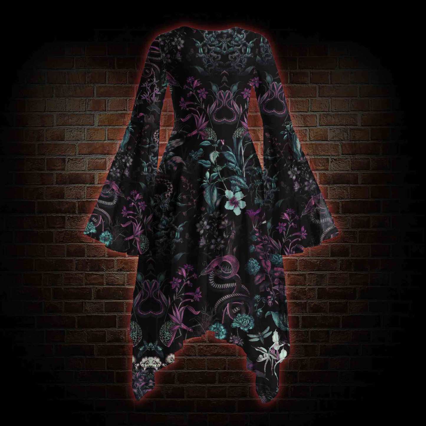Forbidden Flora Bell-sleeve Handkerchief-hem Dress