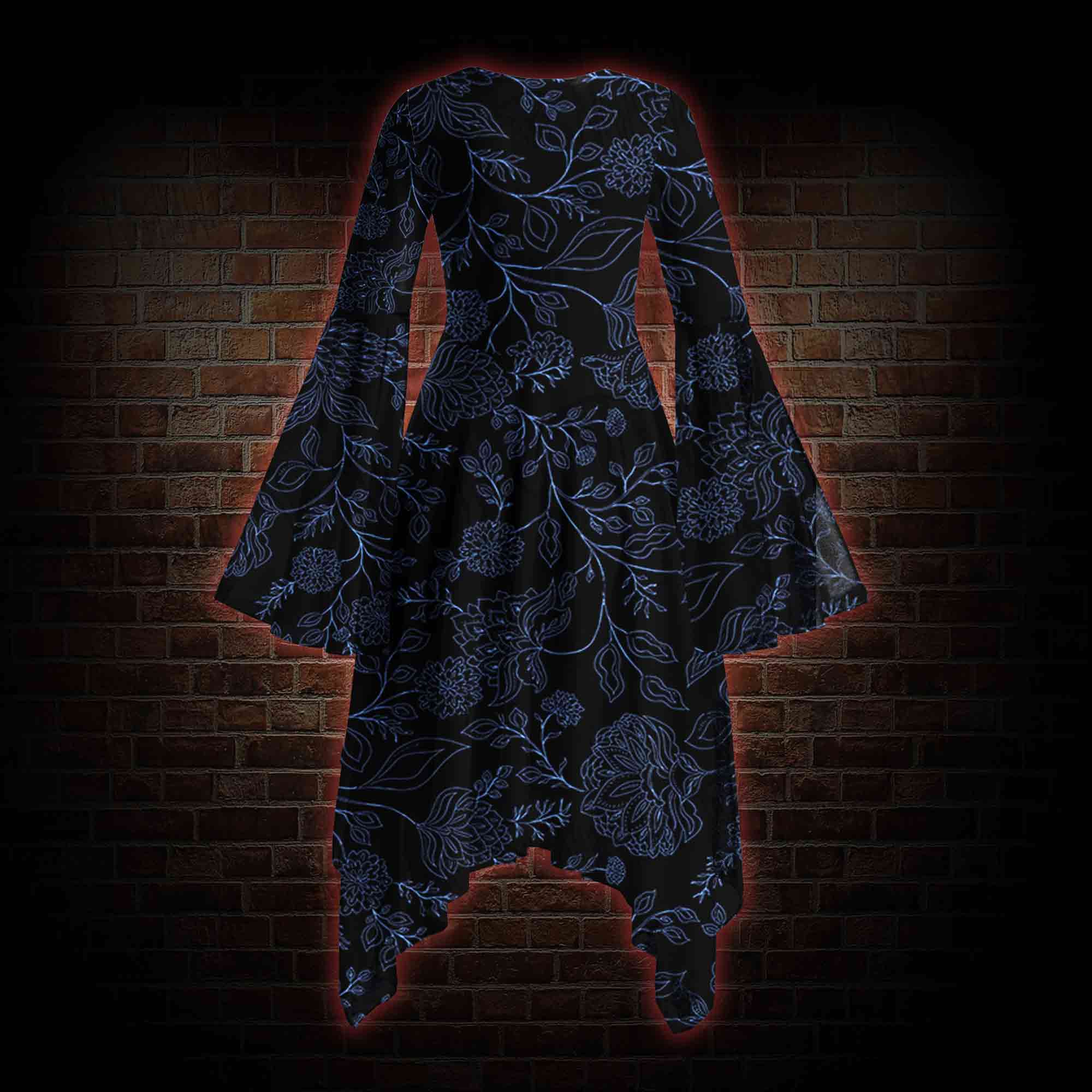 Gothic Botanical Bell-sleeve Handkerchief-hem Dress