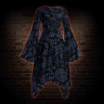 Gothic Botanical Bell-sleeve Handkerchief-hem Dress