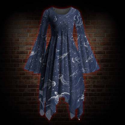 Deep Sea Jellyfish Bell-sleeve Handkerchief-hem Dress
