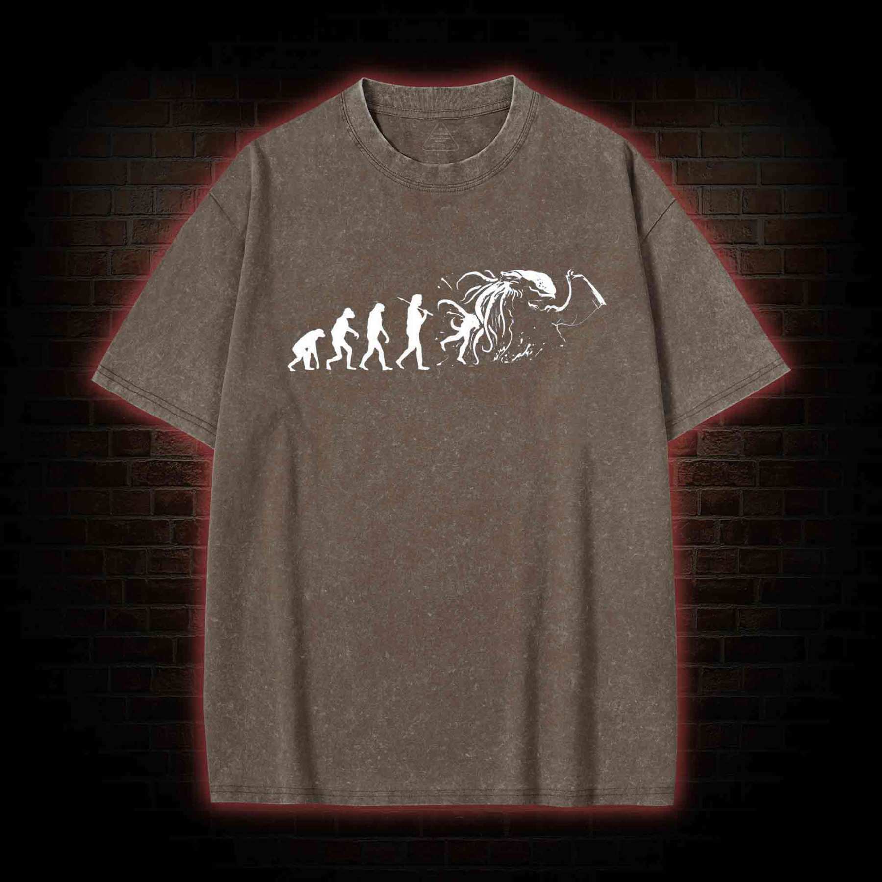 Mens Evolution of Cthulhu Funny Parody Washed T-shirt