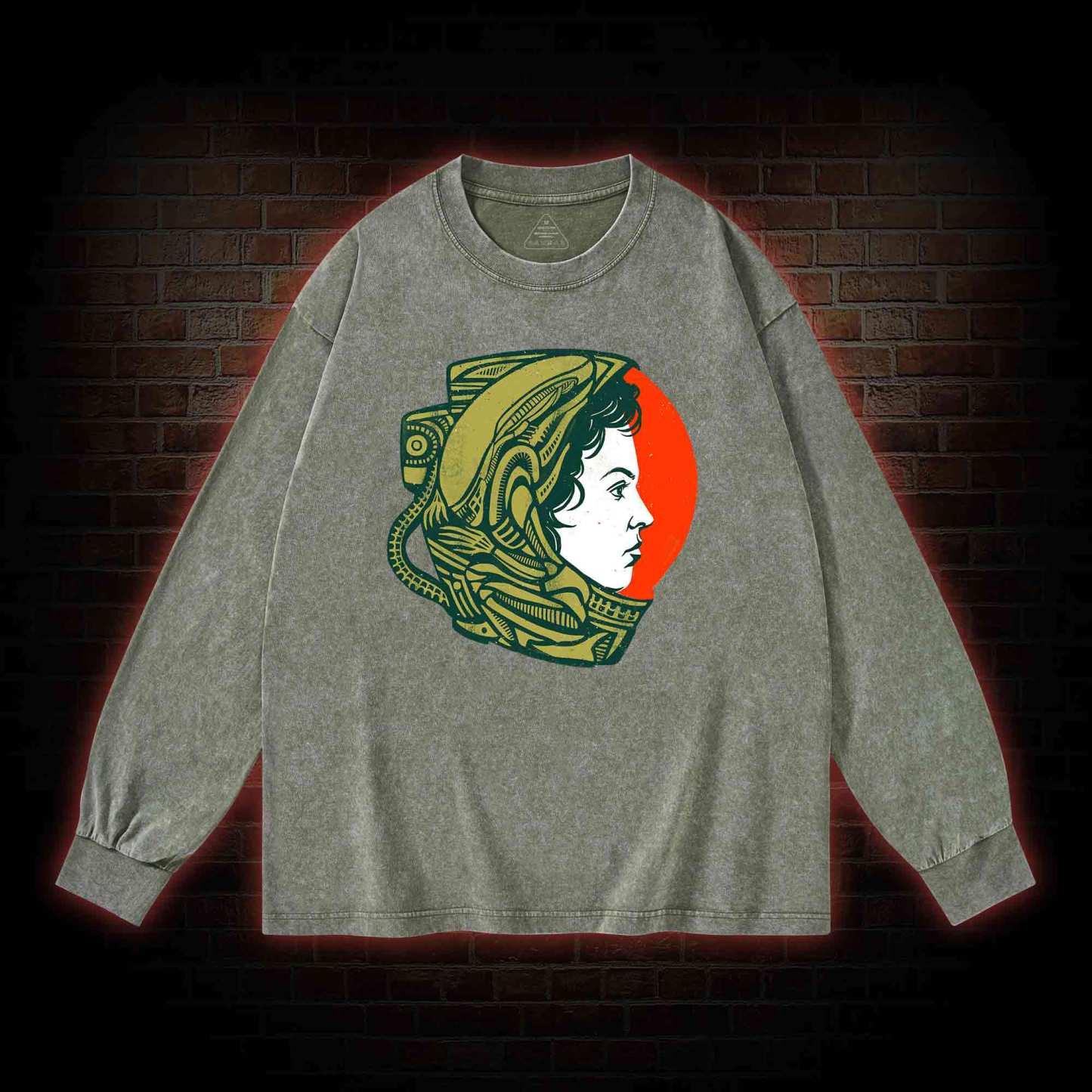 Retro Style Alien Washed Long-Sleeve T-shirt