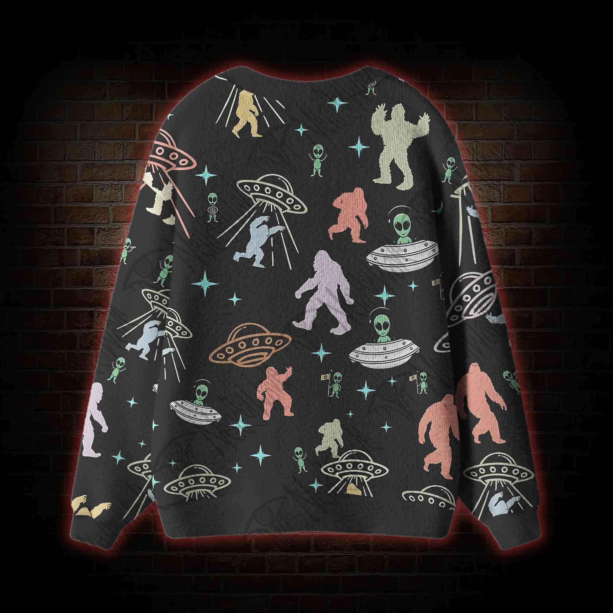Bigfoot and Alien Party Cardigan Sweater