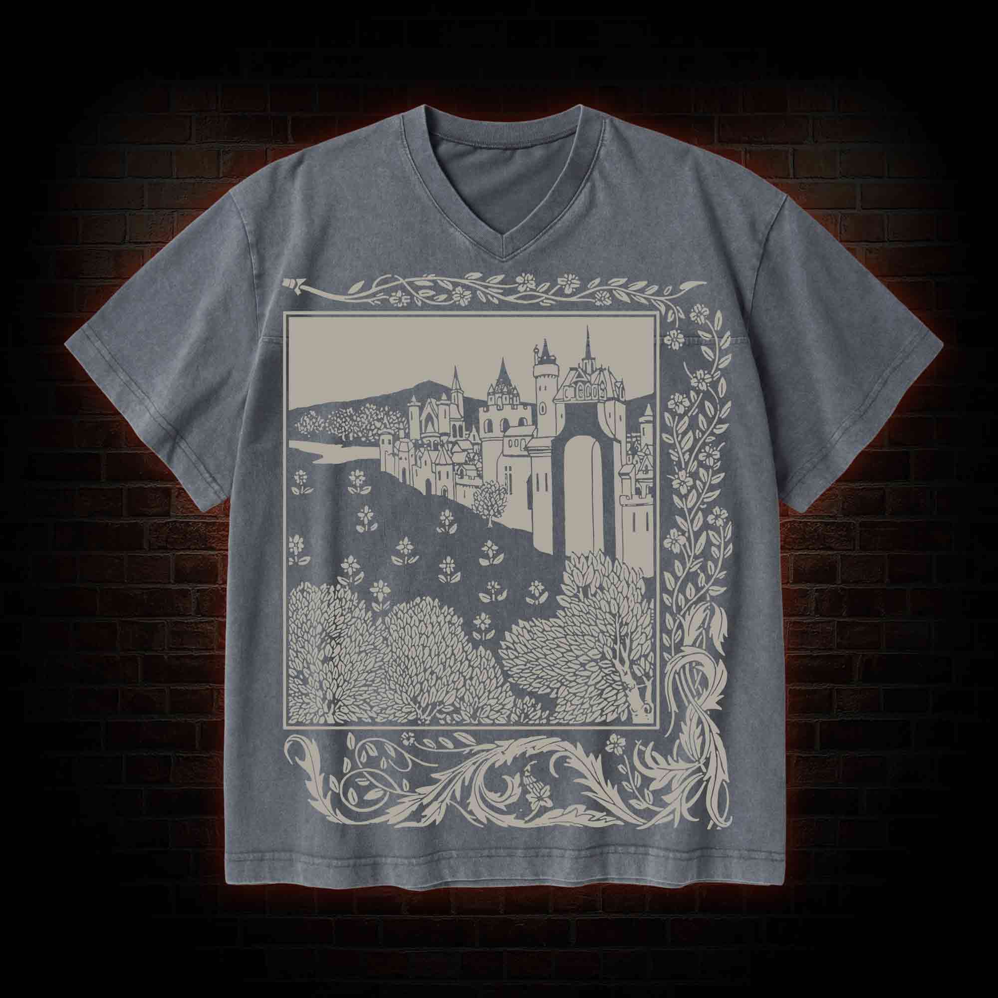 Medieval Castle V-Neck Streetwear Washed T-shirt