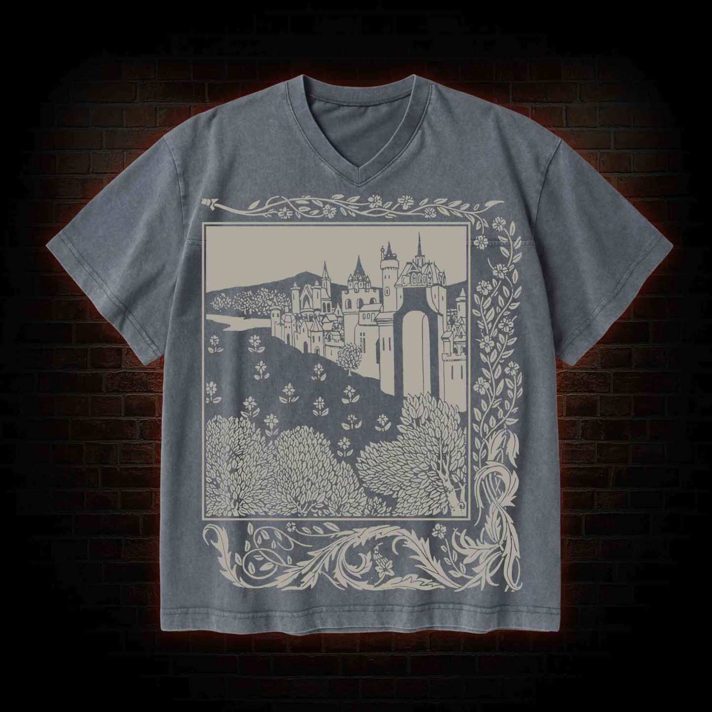 Medieval Castle V-Neck Streetwear Washed T-shirt