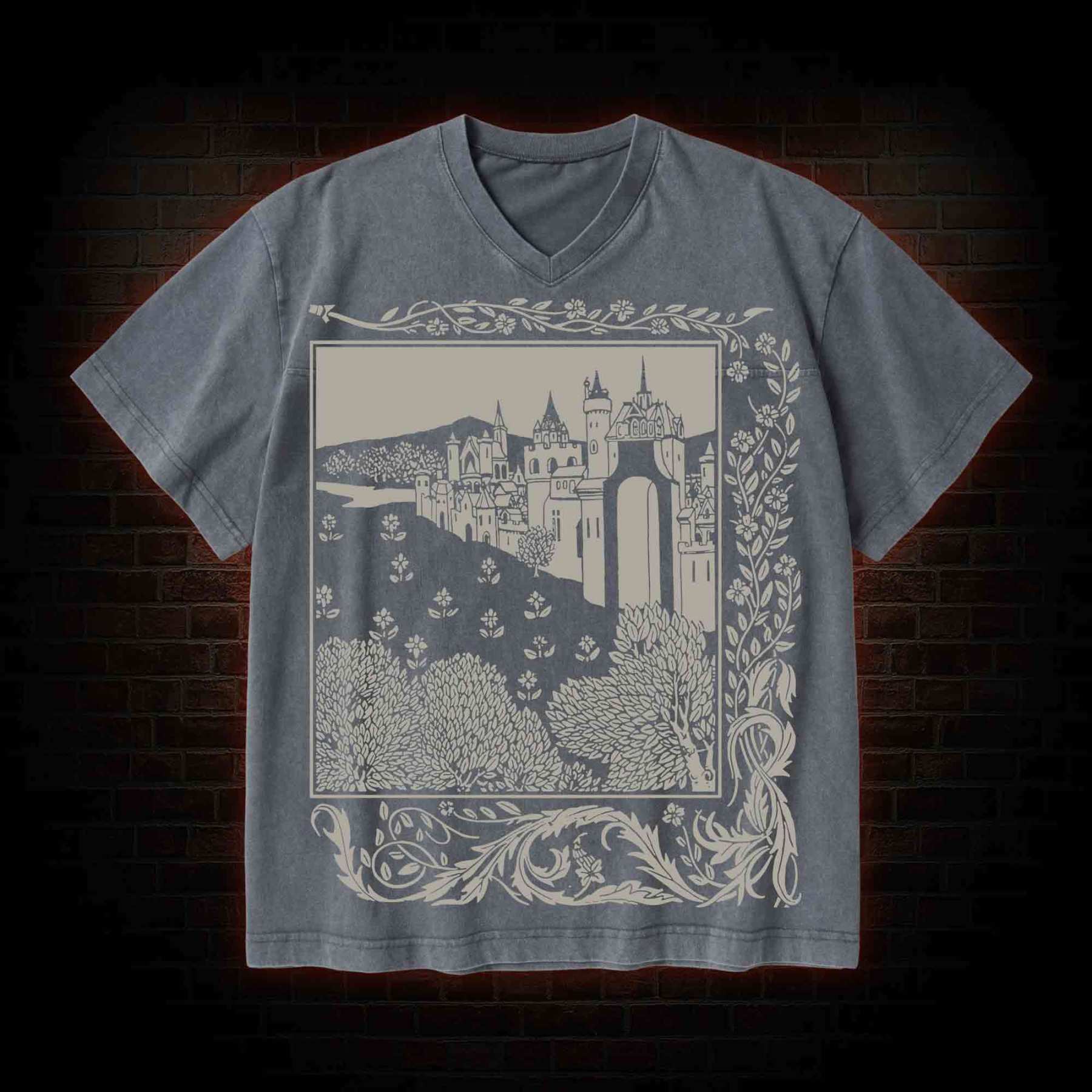 Medieval Castle V-Neck Streetwear Washed T-shirt
