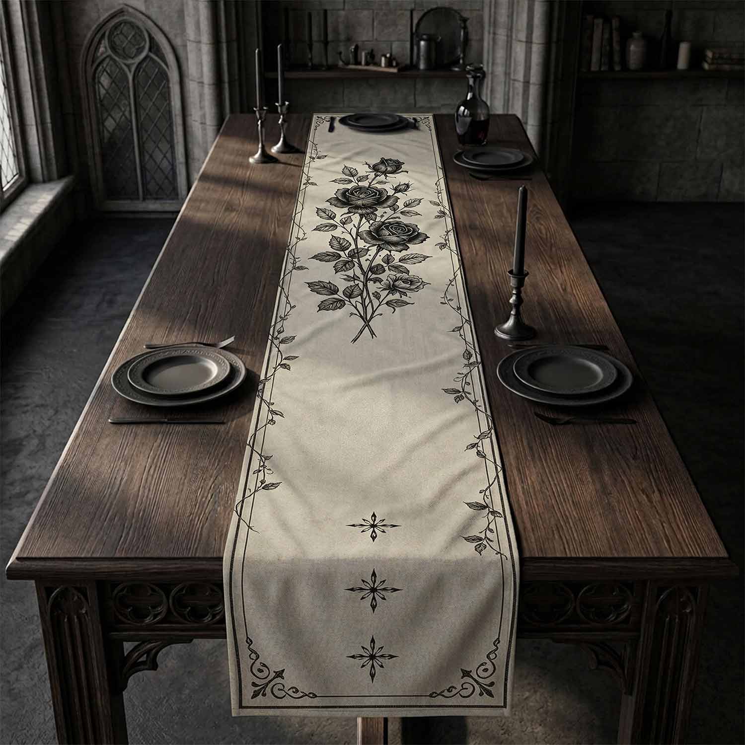 Gothic Black Roses Table Runner