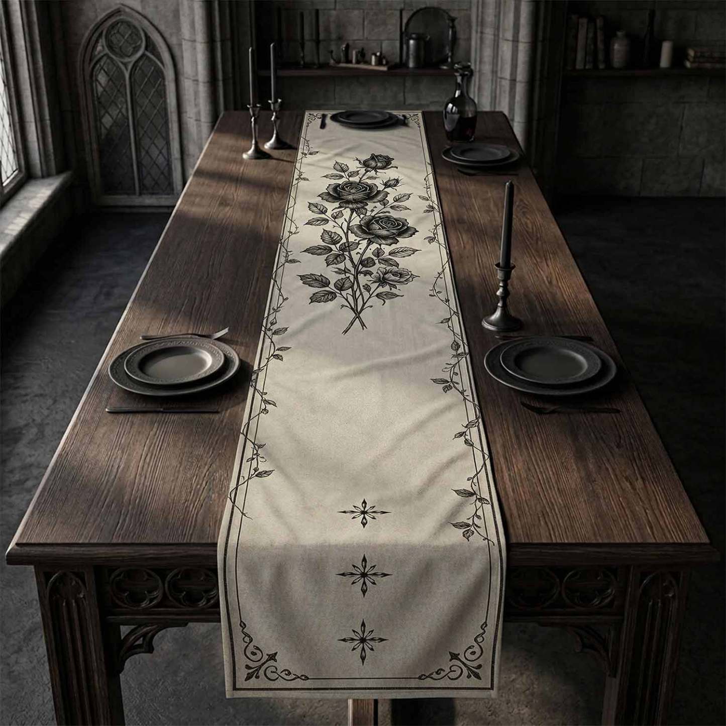 Gothic Black Roses Table Runner