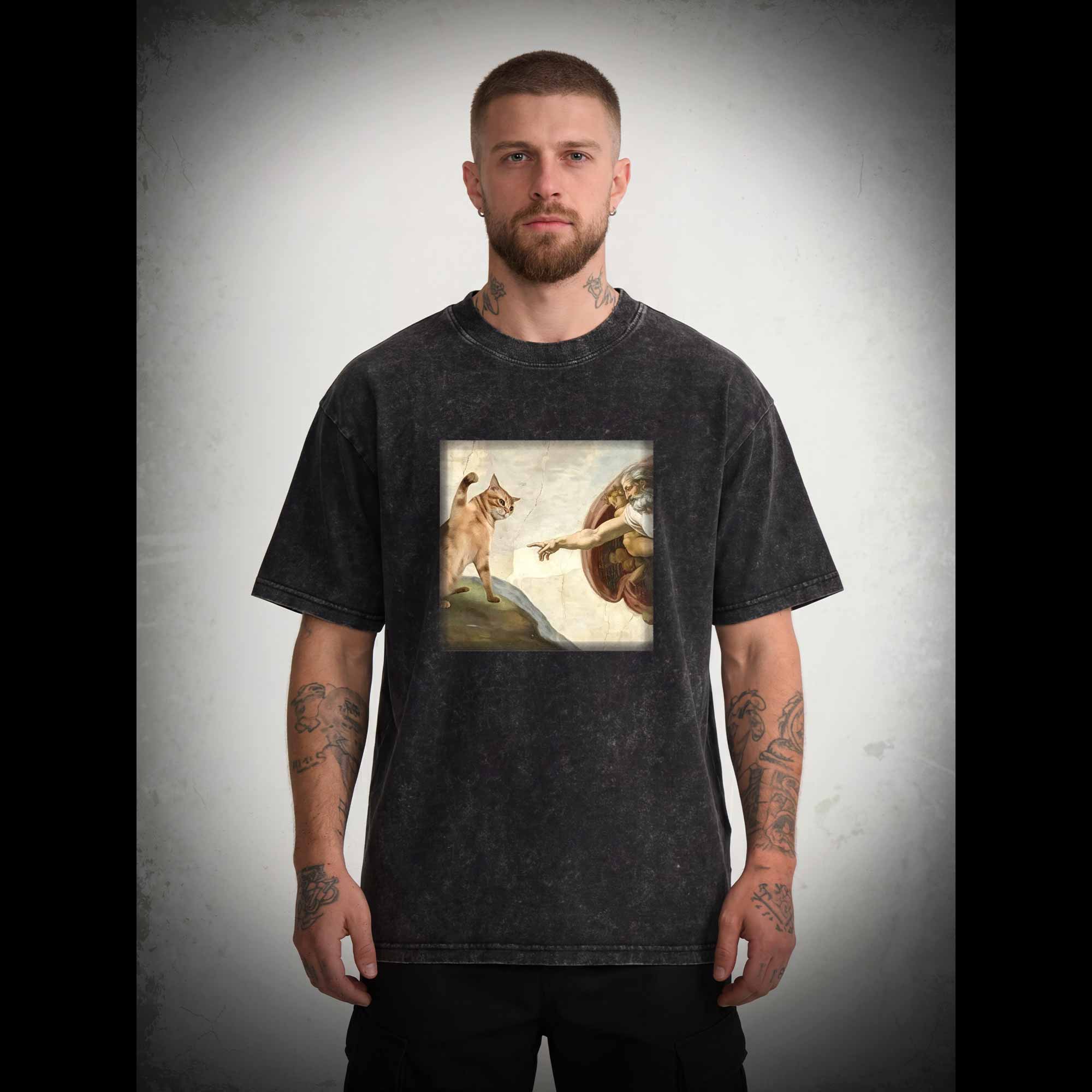 Cat God Creation of Adam Washed T-shirt