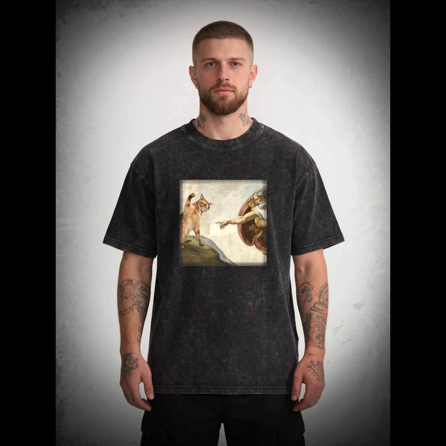 Cat God Creation of Adam Washed T-shirt