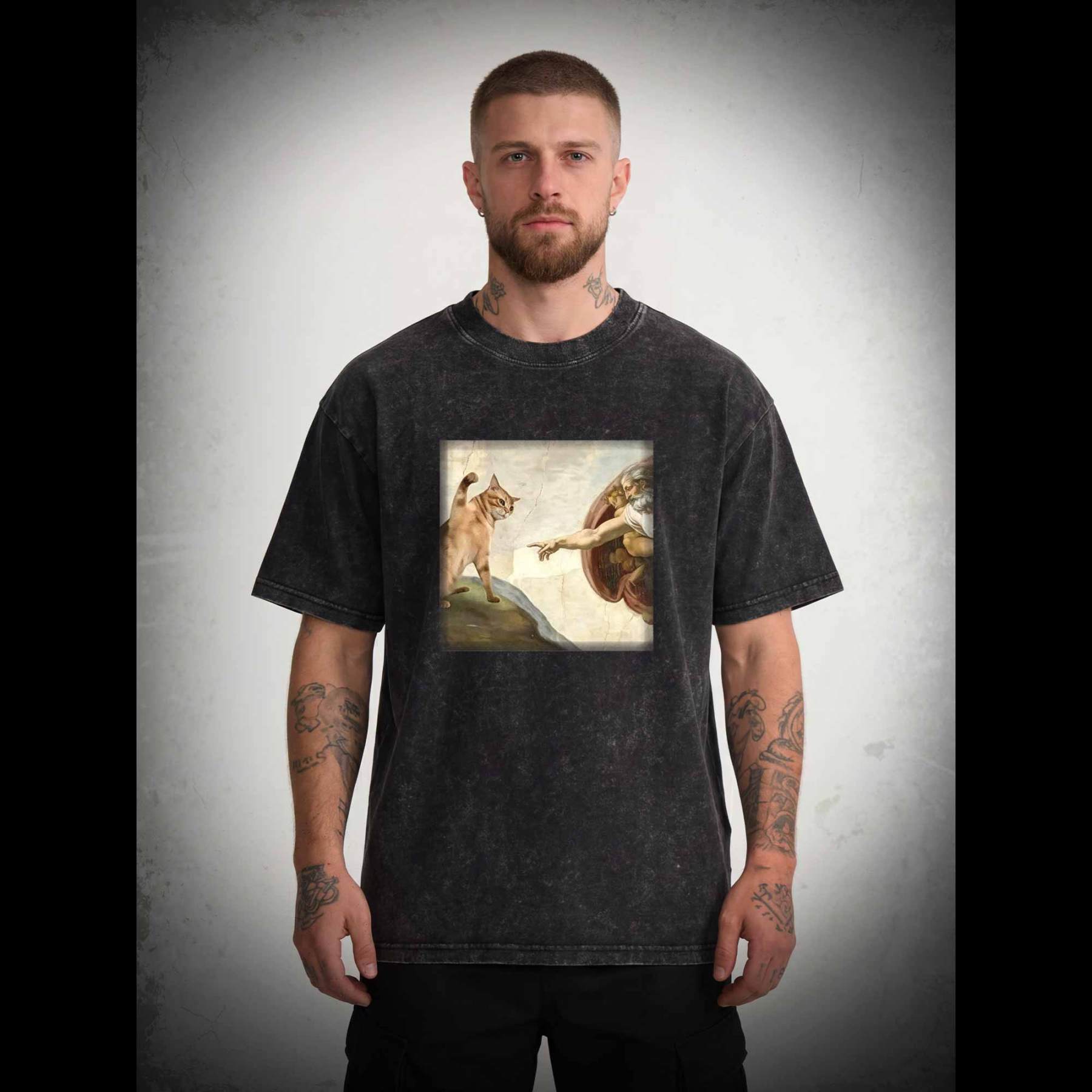 Cat God Creation of Adam Washed T-shirt