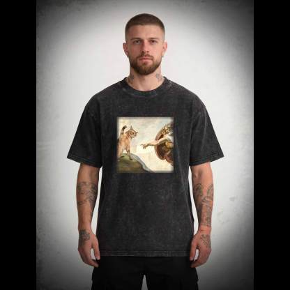 Cat God Creation of Adam Washed T-shirt