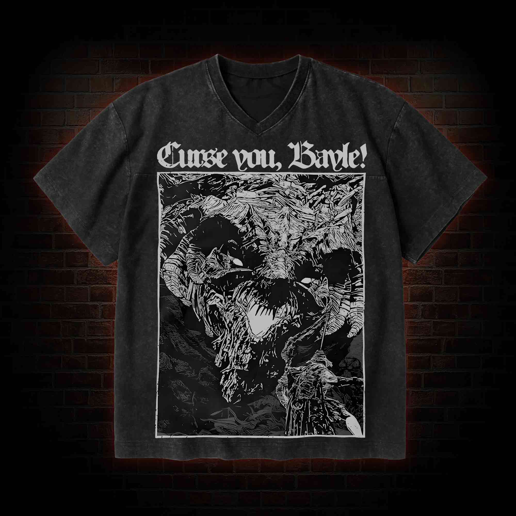 Curse You Bayle! V-Neck Streetwear Washed T-shirt