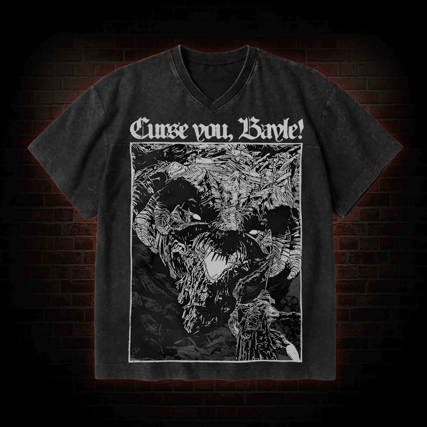 Curse You Bayle! V-Neck Streetwear Washed T-shirt