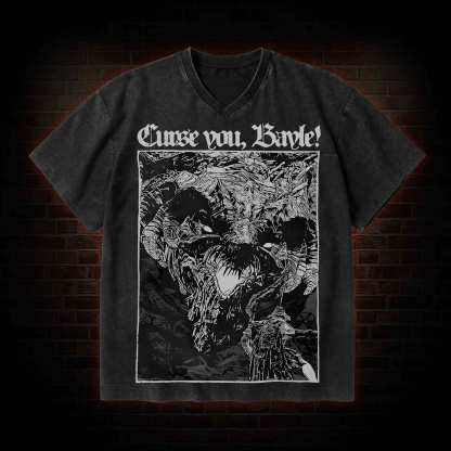 Curse You Bayle! V-Neck Streetwear Washed T-shirt