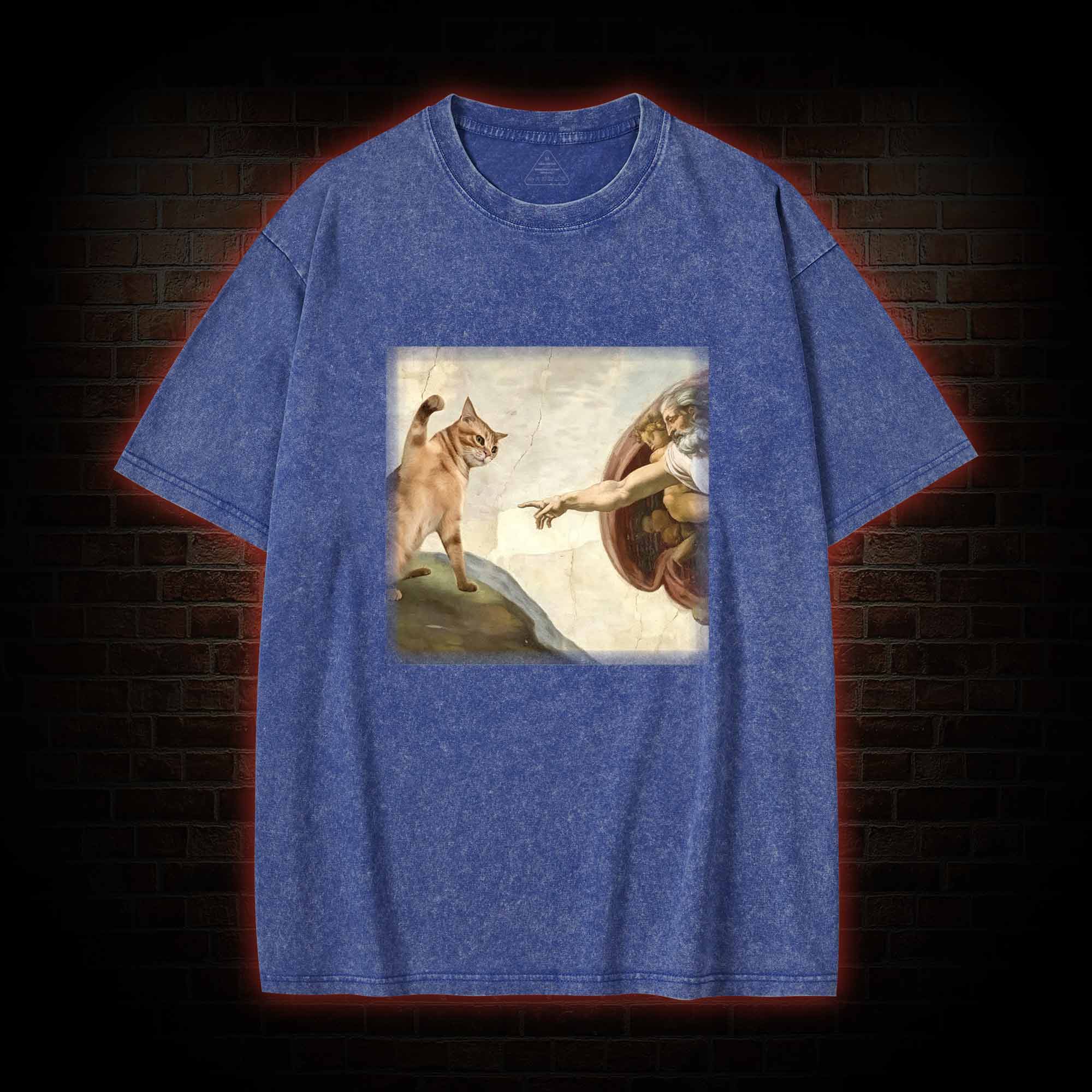 Cat God Creation of Adam Washed T-shirt