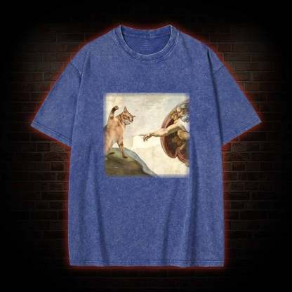 Cat God Creation of Adam Washed T-shirt