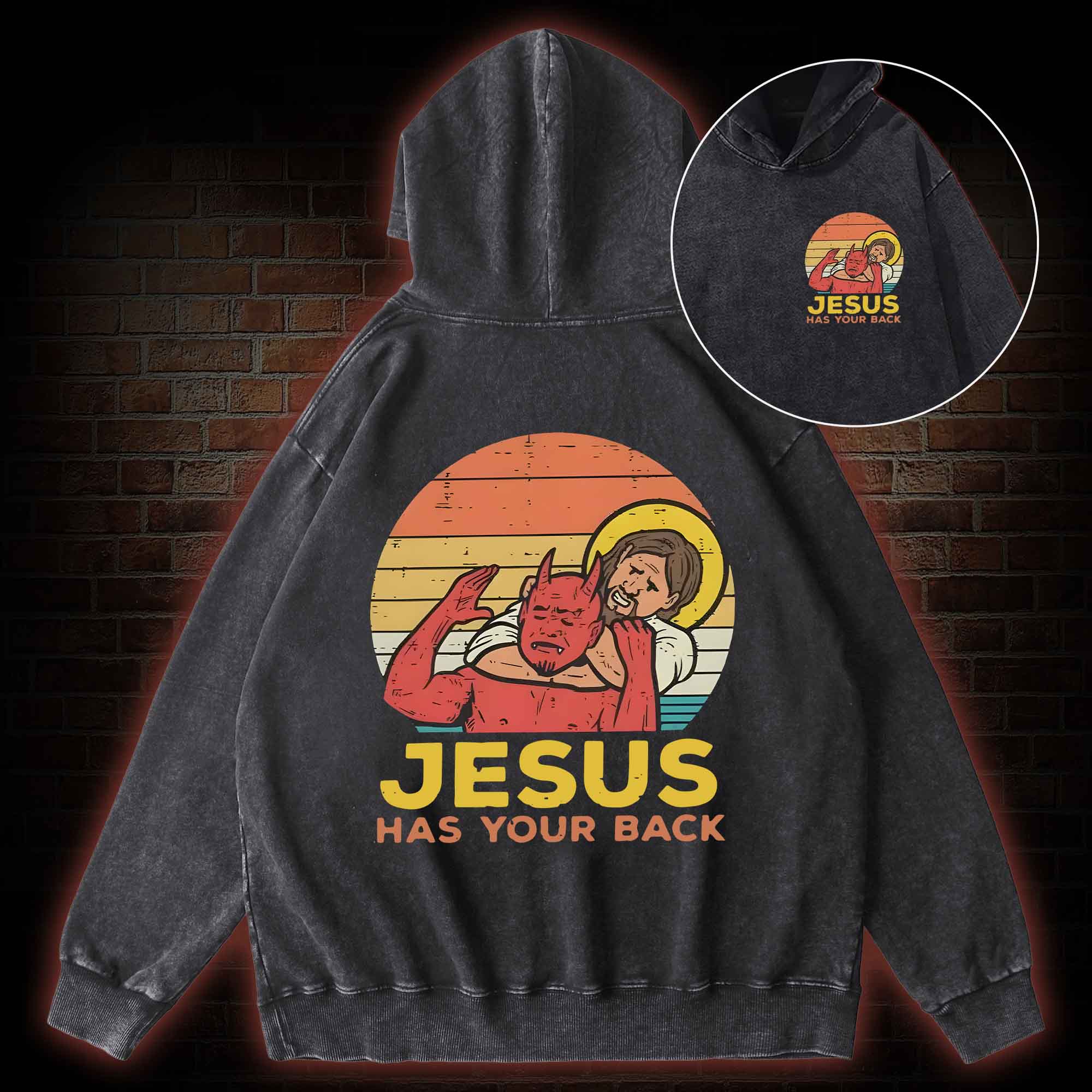 Jesus Has Your Back Back Print Washed Hoodie