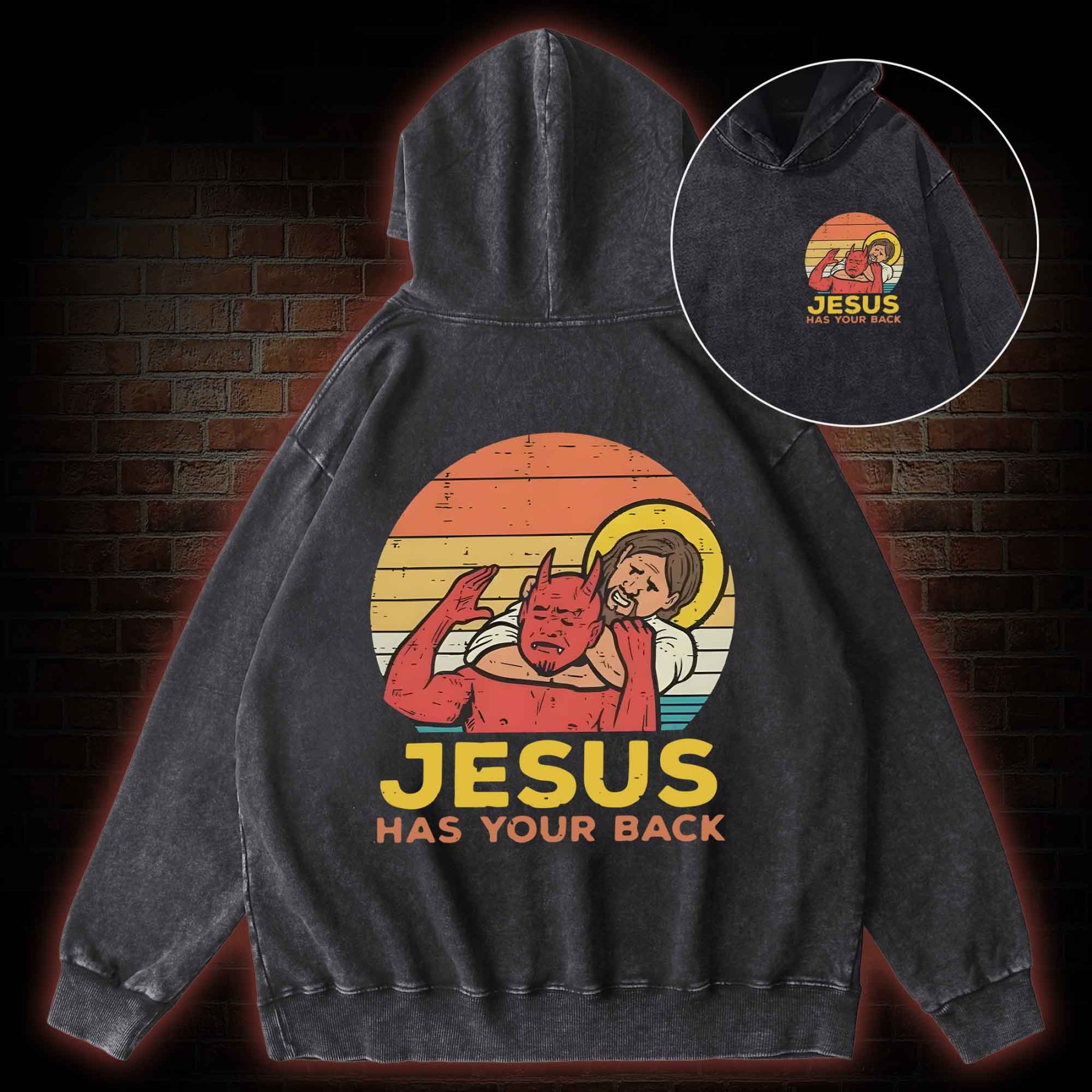 Jesus Has Your Back Back Print Washed Hoodie