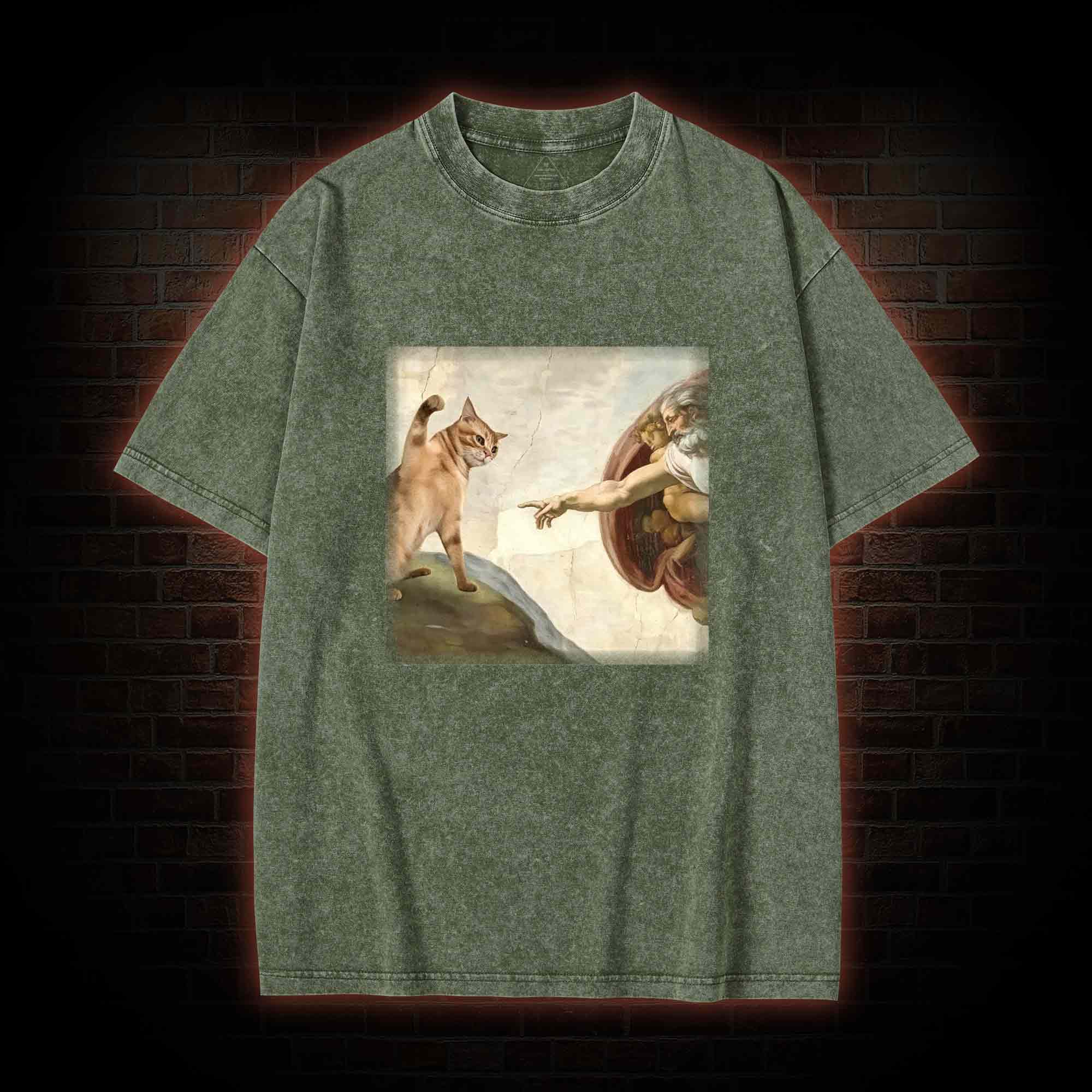Cat God Creation of Adam Washed T-shirt