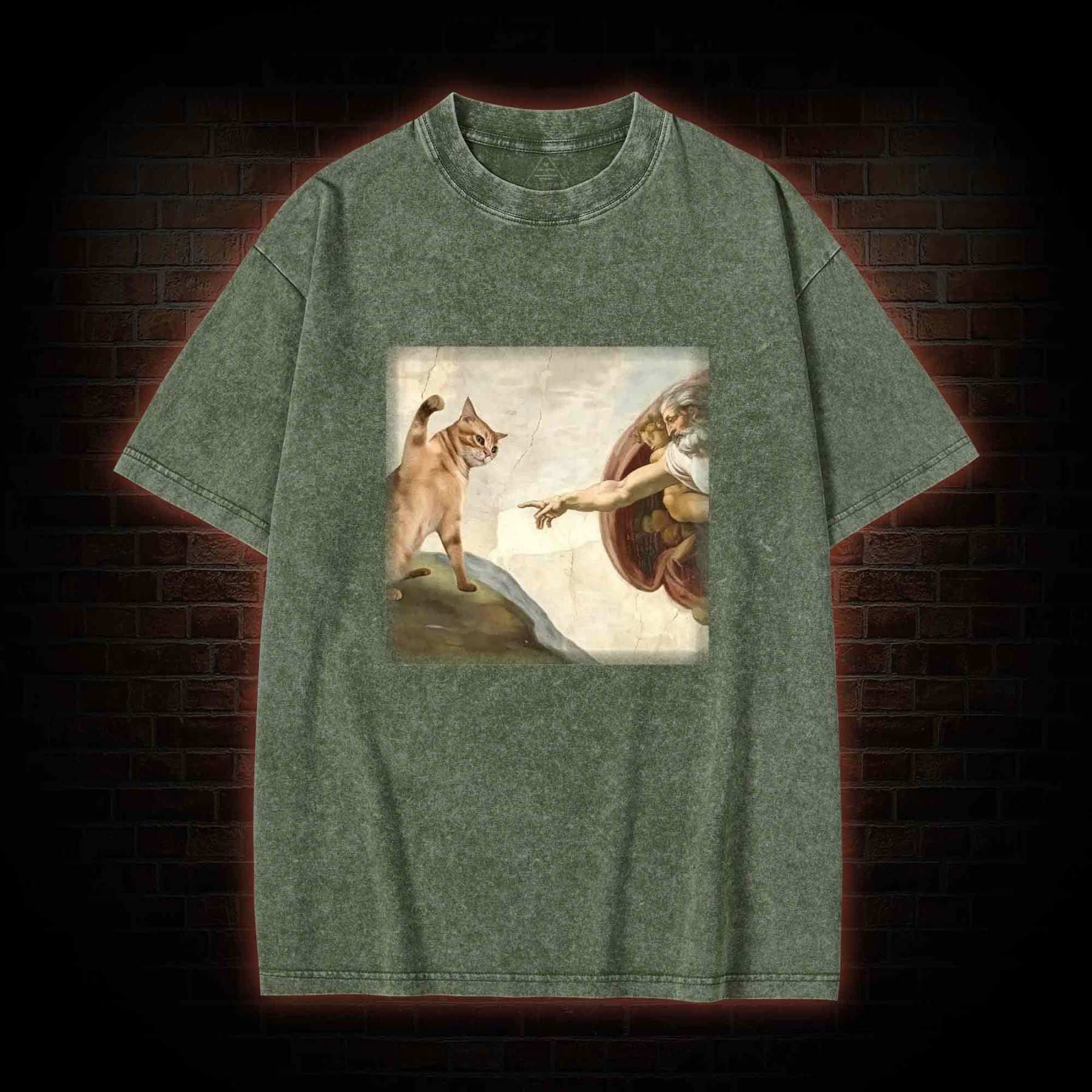 Cat God Creation of Adam Washed T-shirt