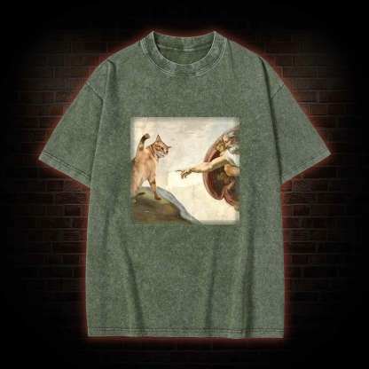 Cat God Creation of Adam Washed T-shirt
