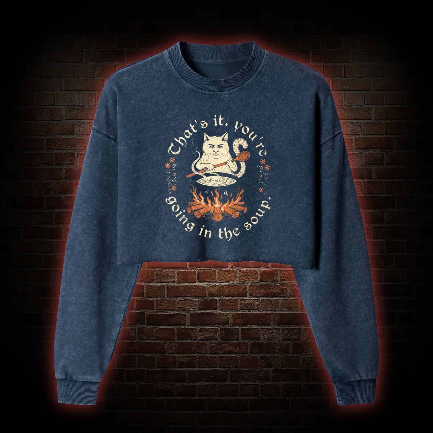 Weird Medieval Cat Washed Cropped Sweatshirts