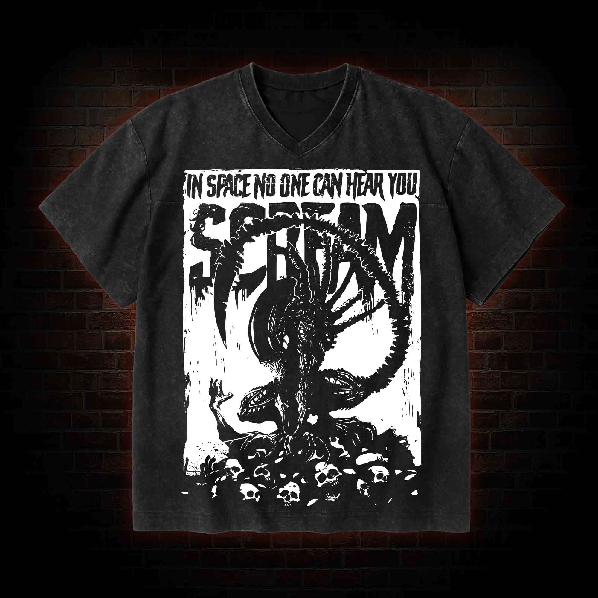 In Space No One Can Hear You Scream V-Neck Streetwear Washed T-shirt