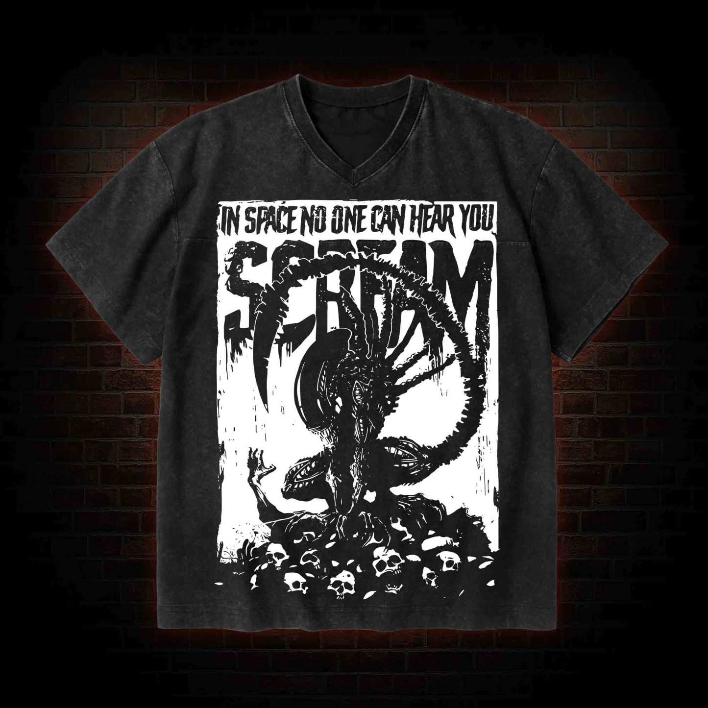 In Space No One Can Hear You Scream V-Neck Streetwear Washed T-shirt