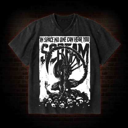In Space No One Can Hear You Scream V-Neck Streetwear Washed T-shirt