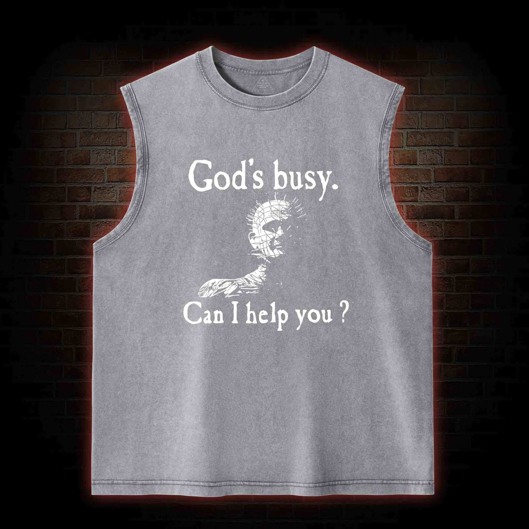 God's Busy Can I Help You? Washed Tank Top