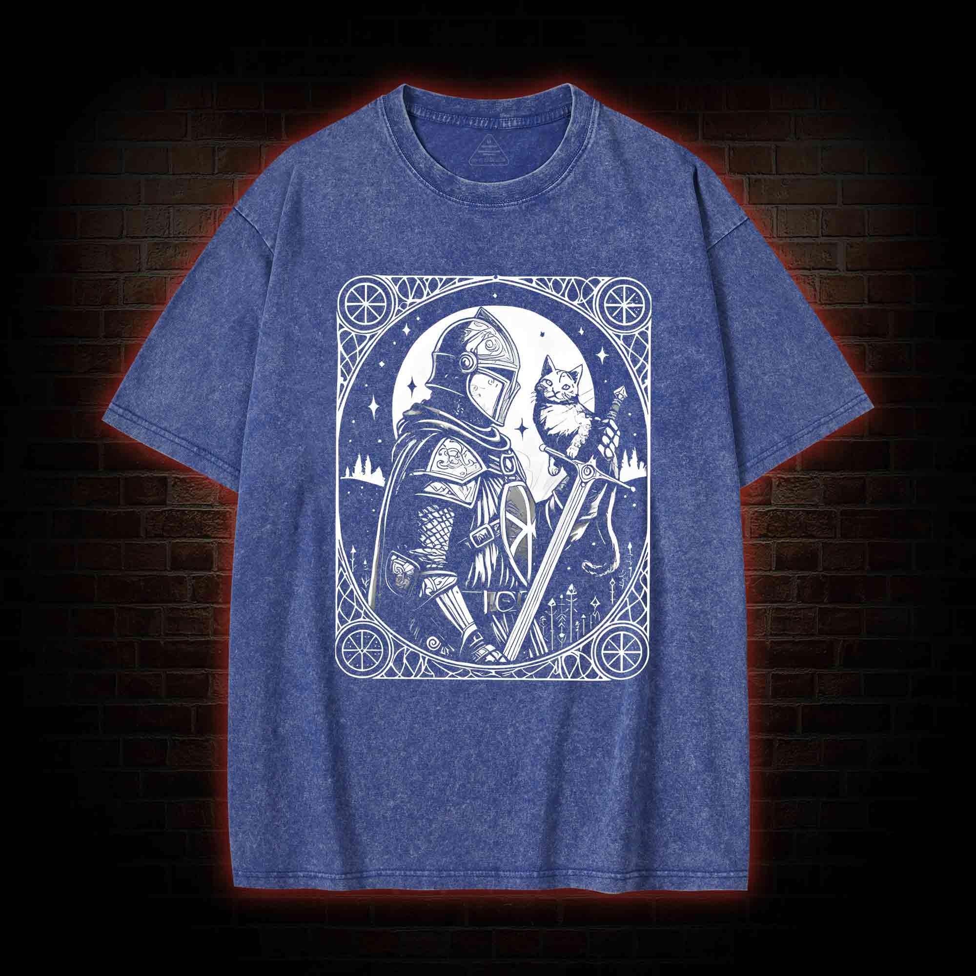 Knight Holding Cat Medieval Washed T-shirt