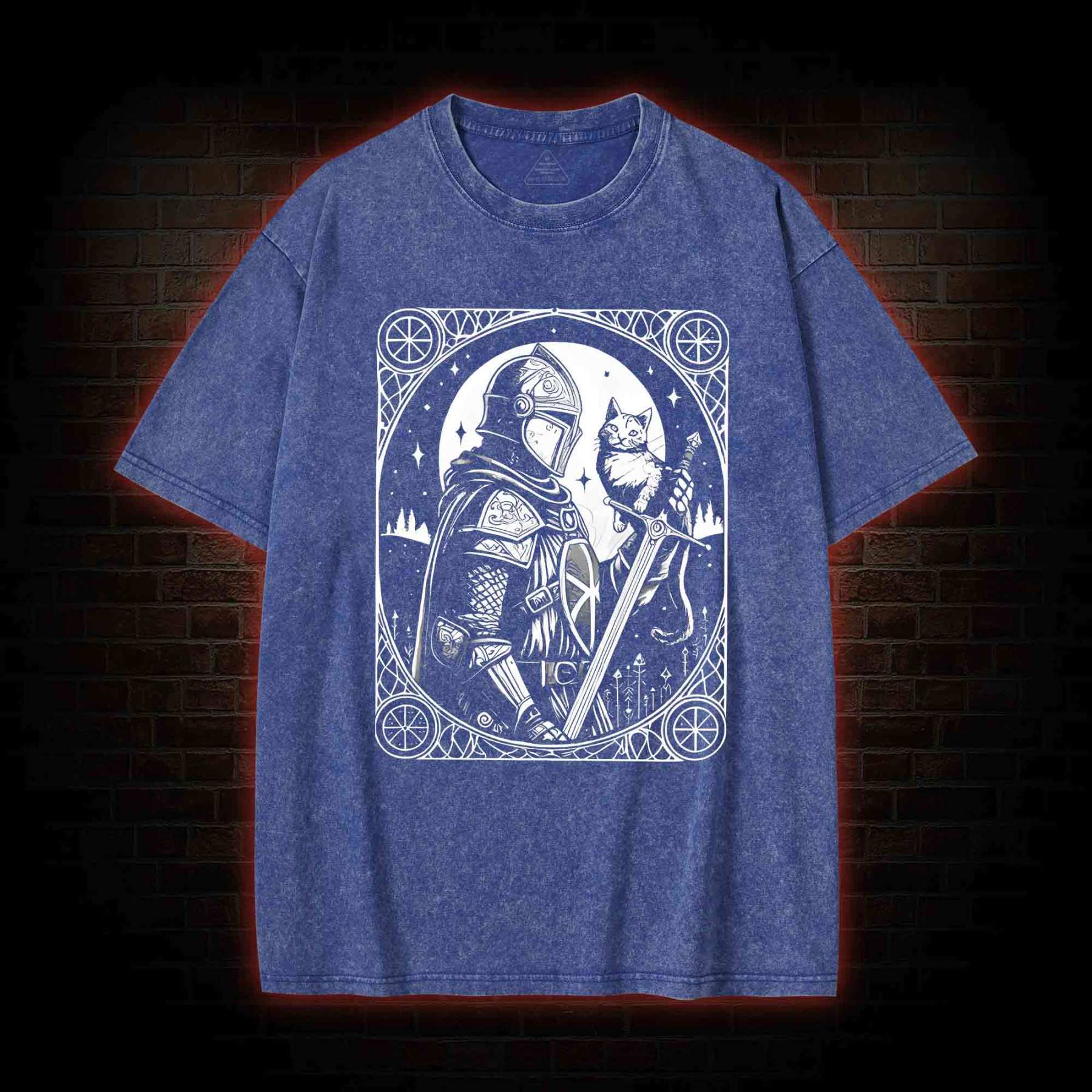 Knight Holding Cat Medieval Washed T-shirt