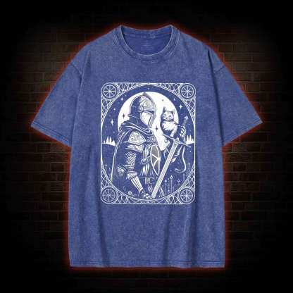 Knight Holding Cat Medieval Washed T-shirt