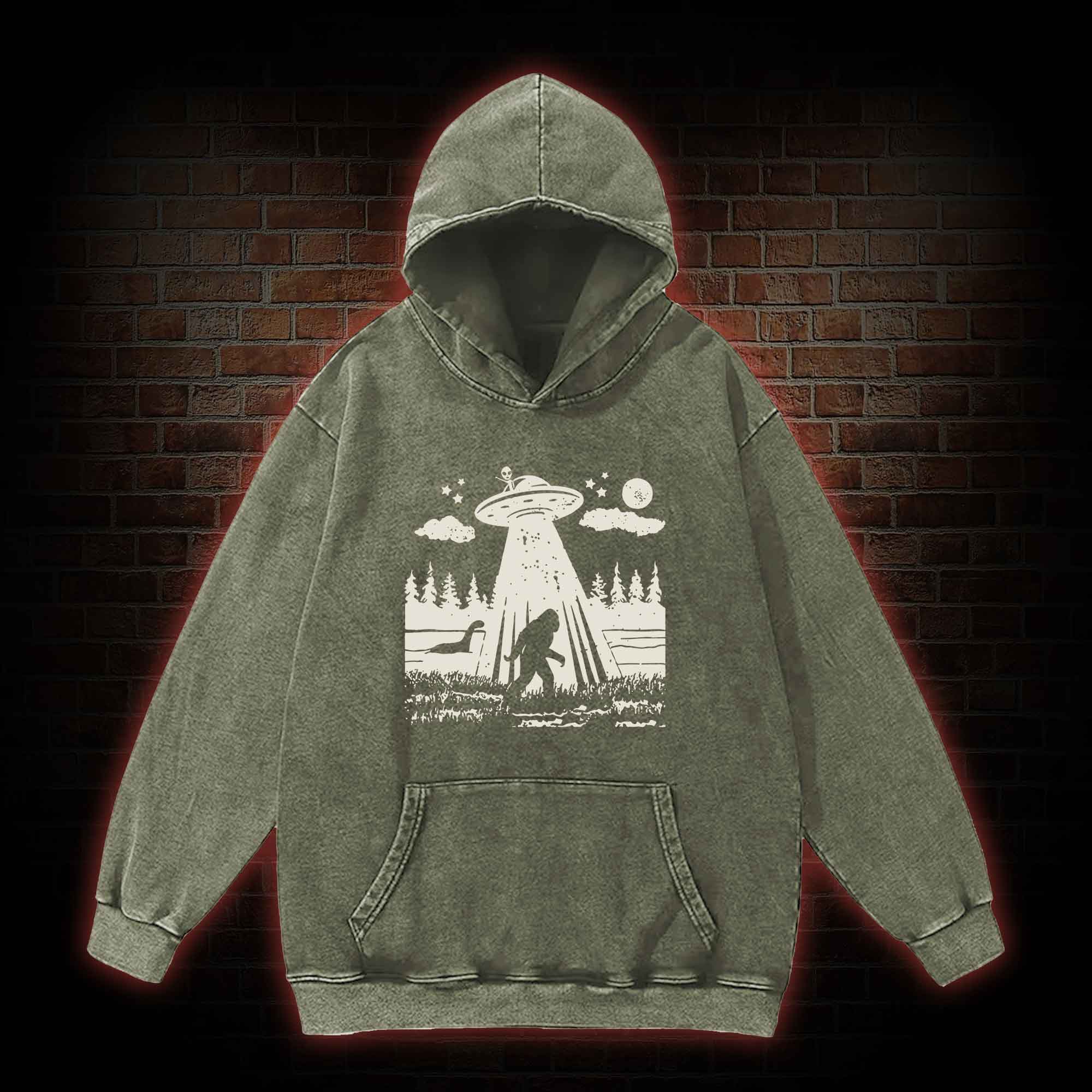 Bigfoot Sasquatch Alien UFO Loch Ness Monster Washed Hoodie