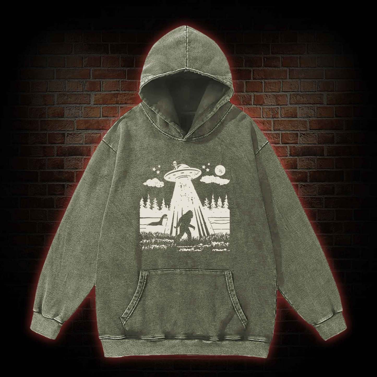 Bigfoot Sasquatch Alien UFO Loch Ness Monster Washed Hoodie