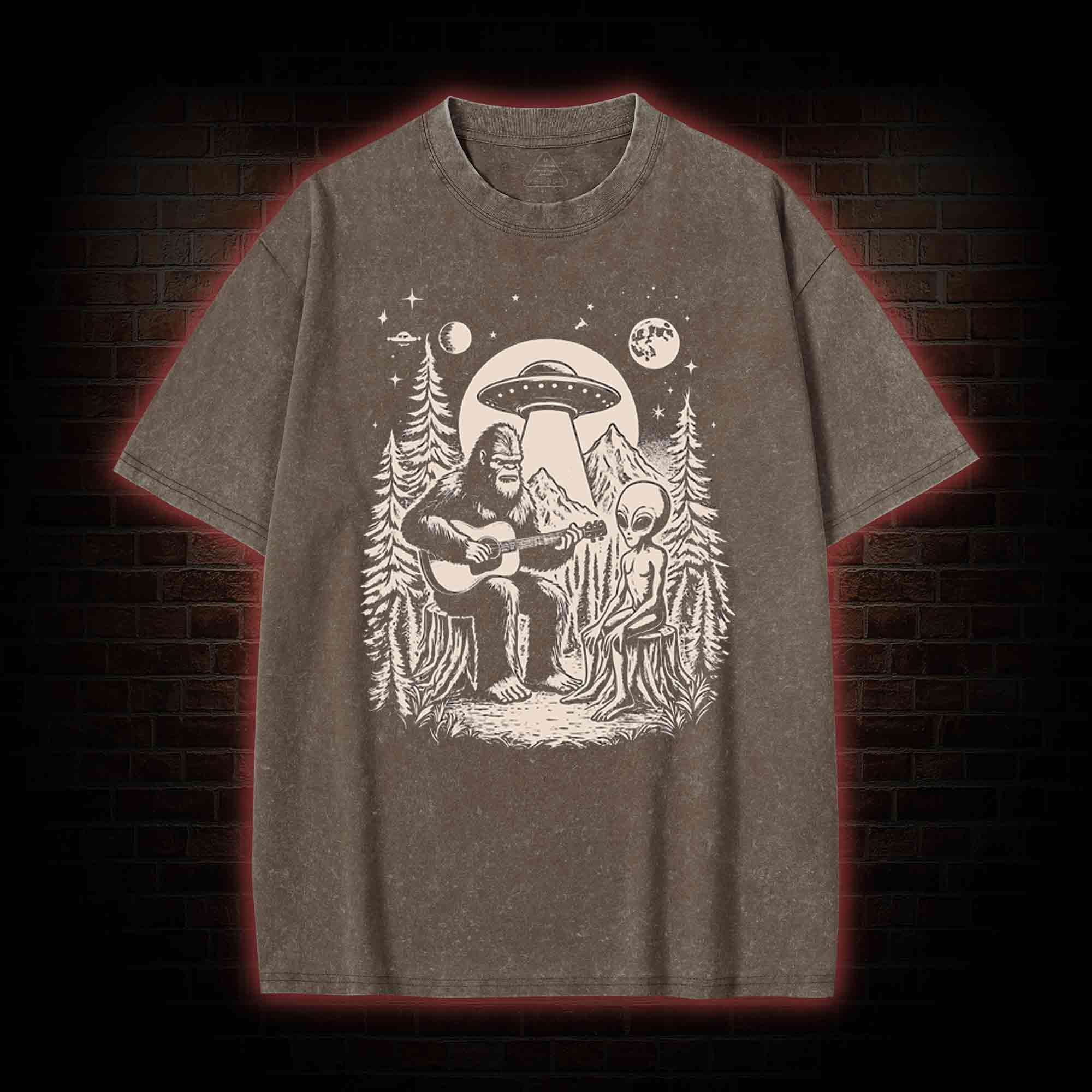 Bigfoot Playing Guitar With Alien and UFO Washed T-shirt