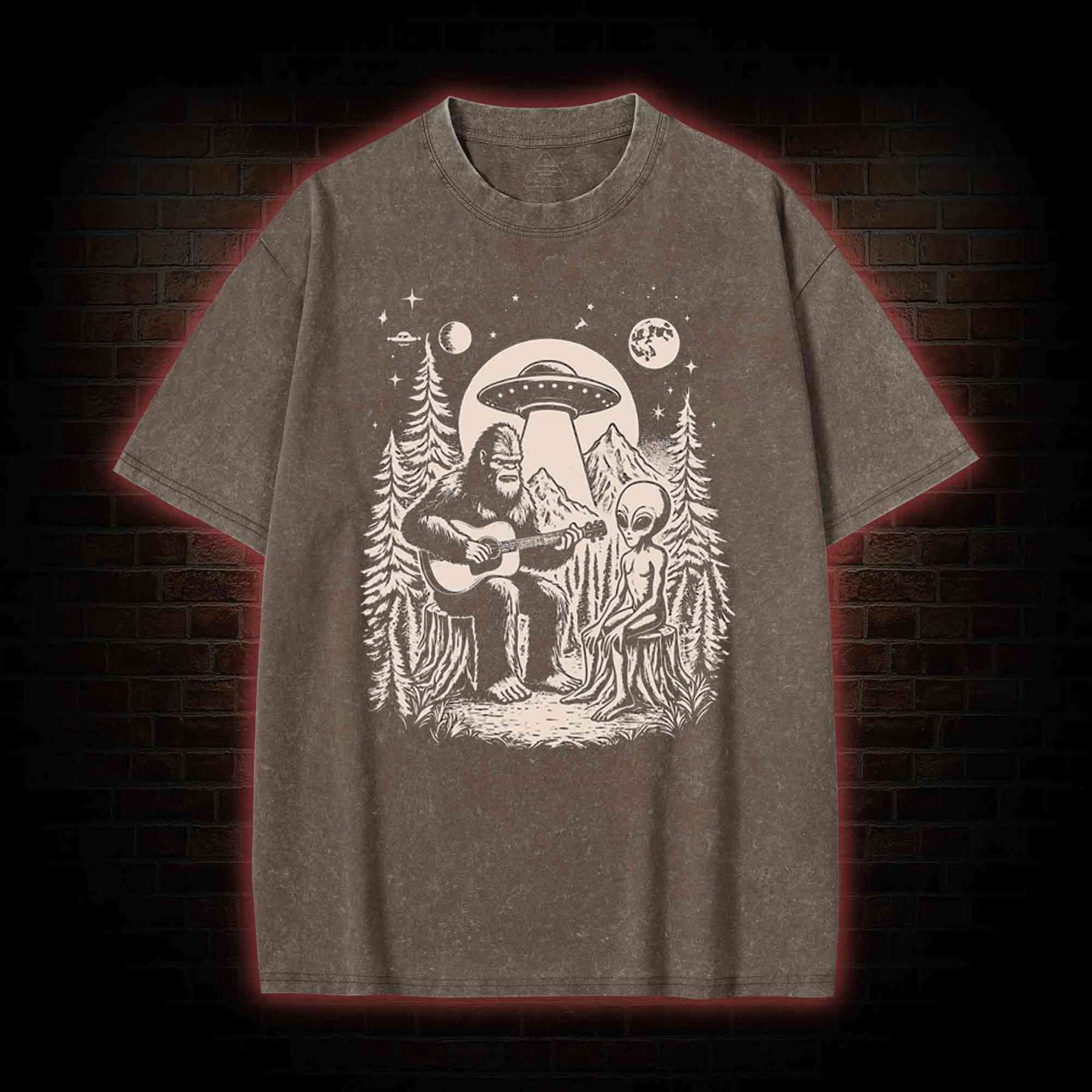 Bigfoot Playing Guitar With Alien and UFO Washed T-shirt