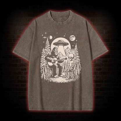 Bigfoot Playing Guitar With Alien and UFO Washed T-shirt