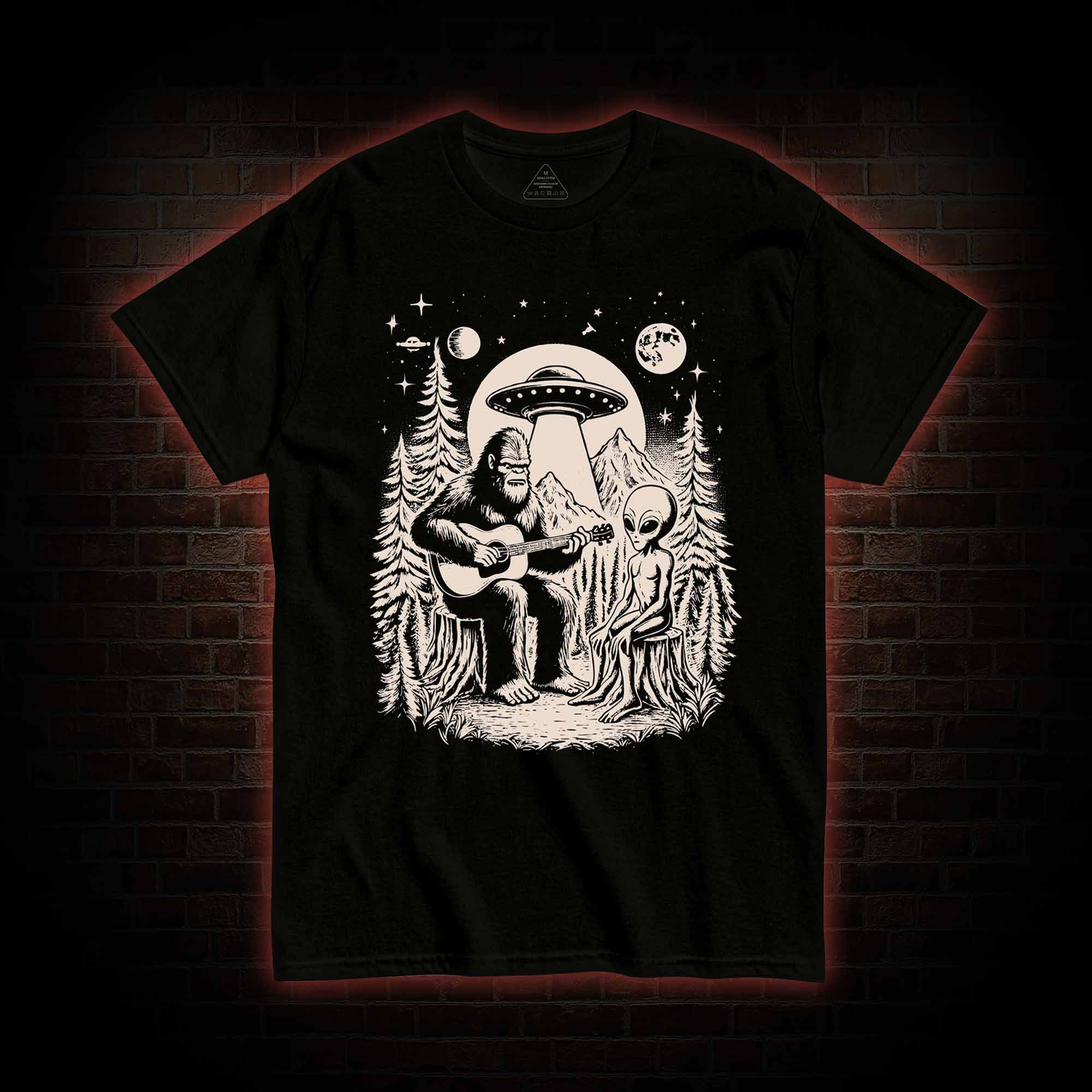 Bigfoot Playing Guitar With Alien and UFO T-Shirt 