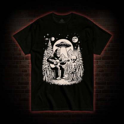 Bigfoot Playing Guitar With Alien and UFO T-Shirt 