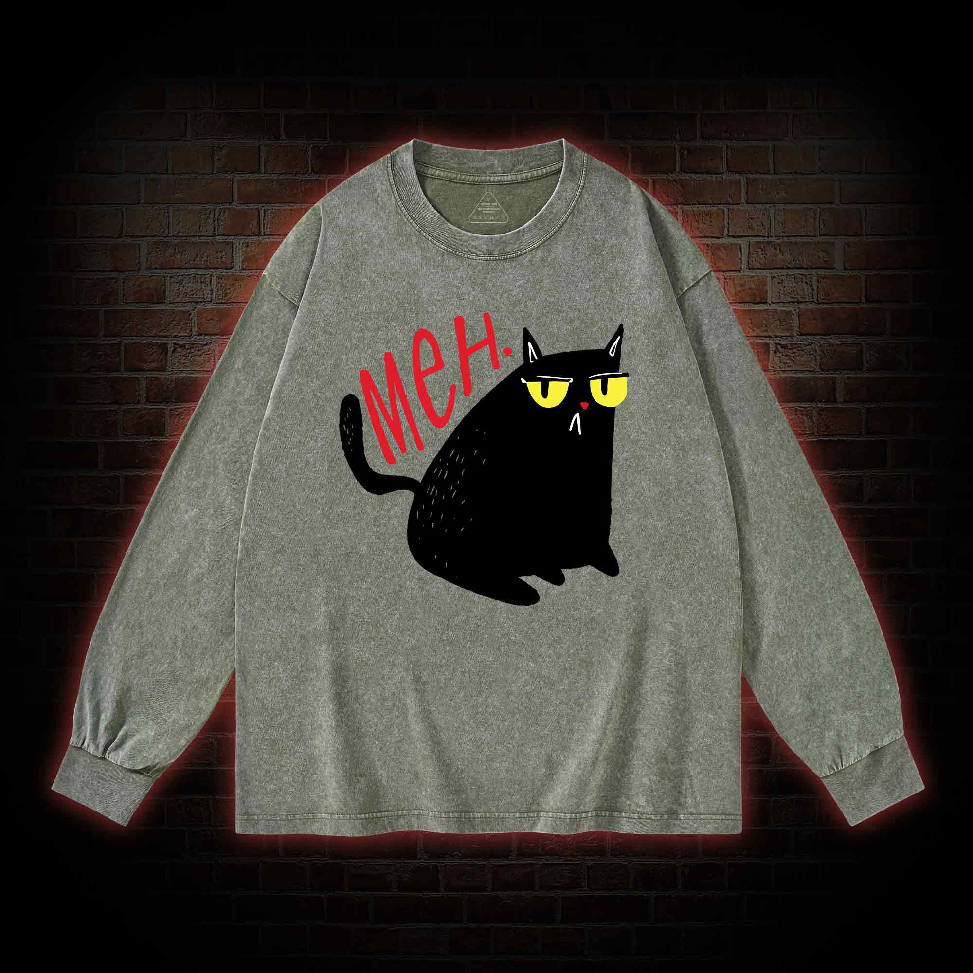 Meh Black Cat Washed Long-Sleeve T-shirt