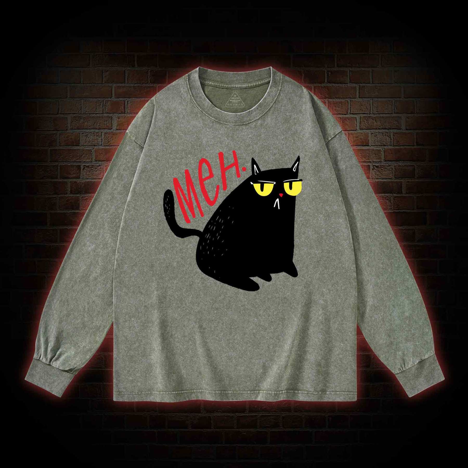 Meh Black Cat Washed Long-Sleeve T-shirt