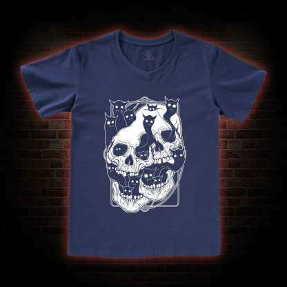 Cat Ghost Double Skull V-Neck Classic T-Shirt