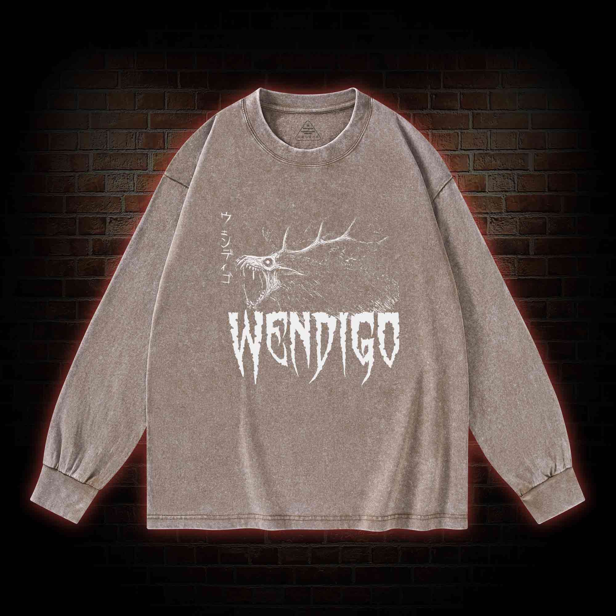 Wendigo Scary Monster Washed Long-Sleeve T-shirt