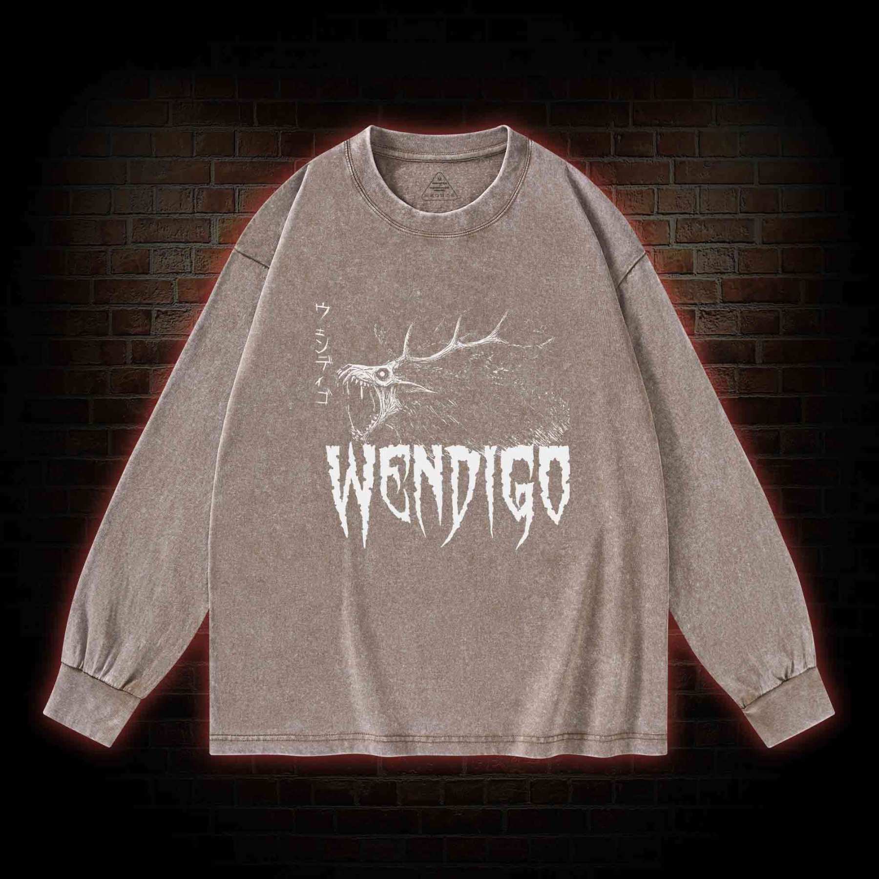 Wendigo Scary Monster Washed Long-Sleeve T-shirt