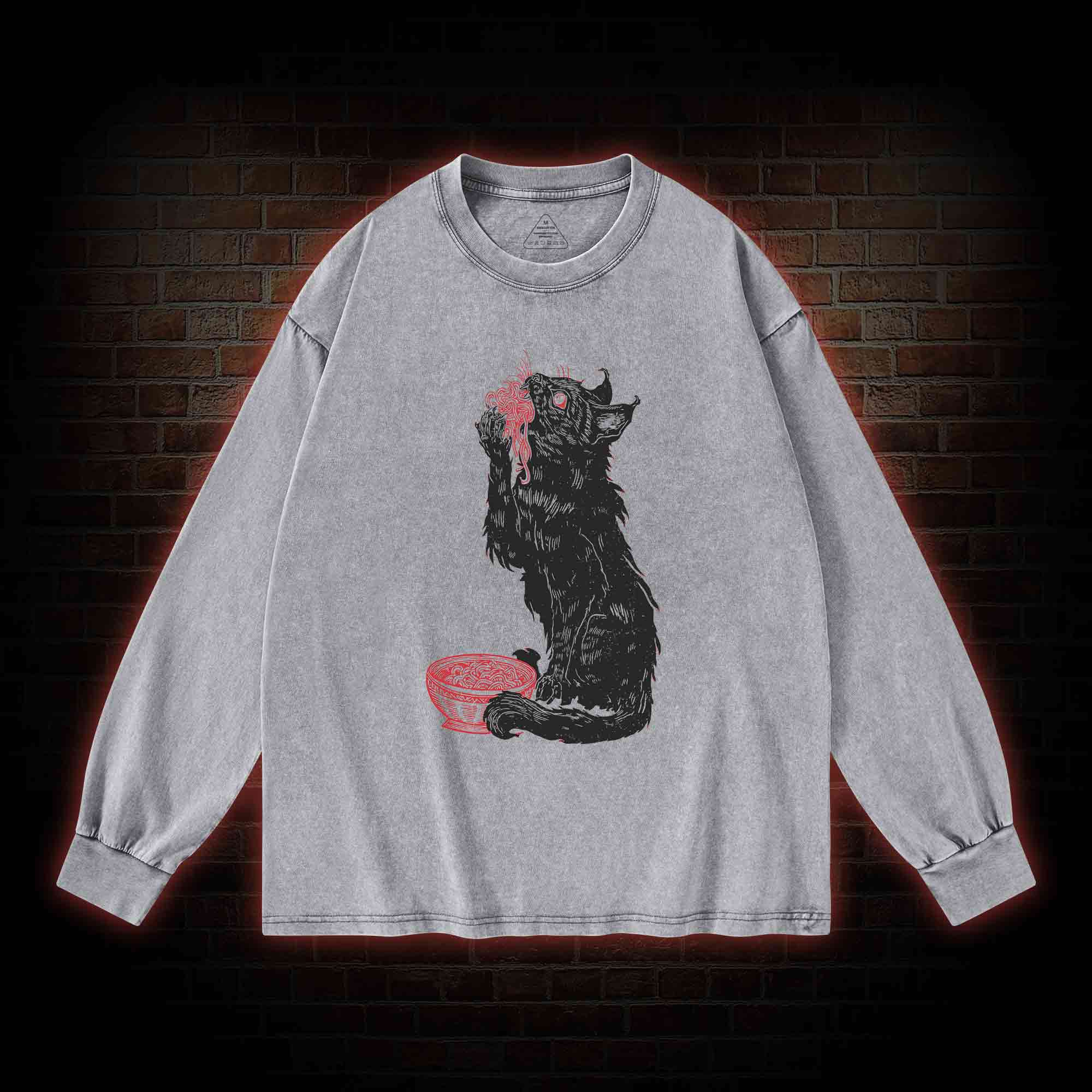 Cat Eating Noodles Washed Long-Sleeve T-shirt
